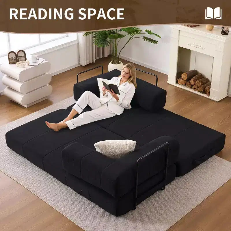 Canapé-lit convertible 4 en 1, Futon de sol en velours côtelé avec 2 oreillers et accoudoirs métalliques, Lit d'appoint en mousse haute densité, Noir