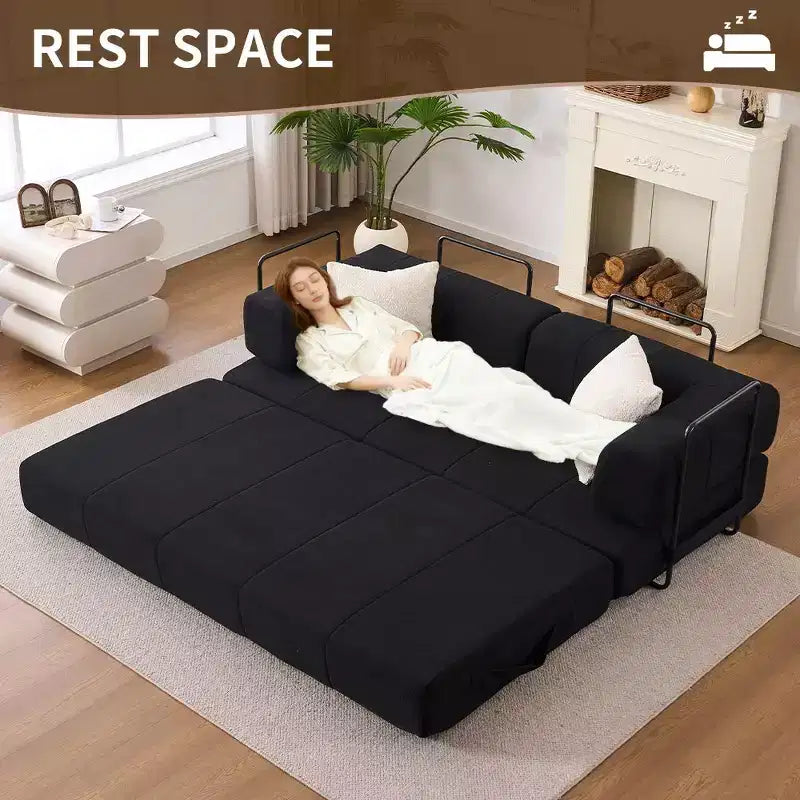 Canapé-lit convertible 4 en 1, Futon de sol en velours côtelé avec 2 oreillers et accoudoirs métalliques, Lit d'appoint en mousse haute densité, Noir