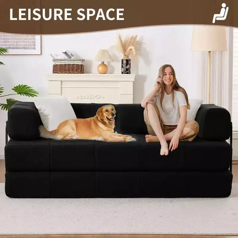 Canapé-lit convertible 4 en 1, Futon de sol en velours côtelé avec 2 oreillers et accoudoirs métalliques, Lit d'appoint en mousse haute densité, Noir