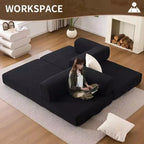 Canapé-lit convertible 4 en 1, Futon de sol en velours côtelé avec 2 oreillers et accoudoirs métalliques, Lit d'appoint en mousse haute densité, Noir