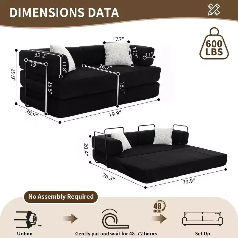 Canapé-lit convertible 4 en 1, Futon de sol en velours côtelé avec 2 oreillers et accoudoirs métalliques, Lit d'appoint en mousse haute densité, Noir