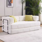 4-in-1 Convertible Sofa Bed, Corduroy Floor Couch Sleeper with 2 Pillows & Metal Arms, High-Density Foam Guest Bed, White