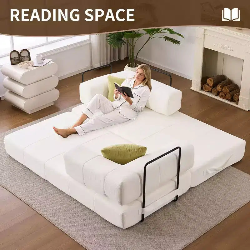 Canapé-lit convertible 4 en 1, Futon de sol en velours côtelé avec 2 oreillers et accoudoirs métalliques, Lit d'appoint en mousse haute densité, Blanc