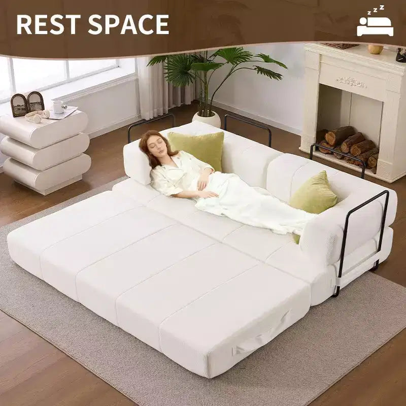 Canapé-lit convertible 4 en 1, Futon de sol en velours côtelé avec 2 oreillers et accoudoirs métalliques, Lit d'appoint en mousse haute densité, Blanc