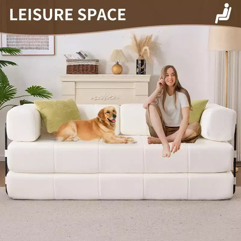 Canapé-lit convertible 4 en 1, Futon de sol en velours côtelé avec 2 oreillers et accoudoirs métalliques, Lit d'appoint en mousse haute densité, Blanc