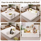Canapé-lit convertible 4 en 1, Futon de sol en velours côtelé avec 2 oreillers et accoudoirs métalliques, Lit d'appoint en mousse haute densité, Blanc