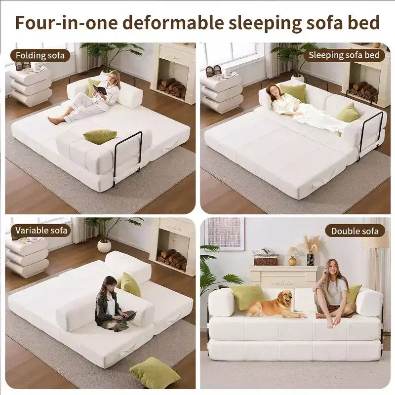 Canapé-lit convertible 4 en 1, Futon de sol en velours côtelé avec 2 oreillers et accoudoirs métalliques, Lit d'appoint en mousse haute densité, Blanc