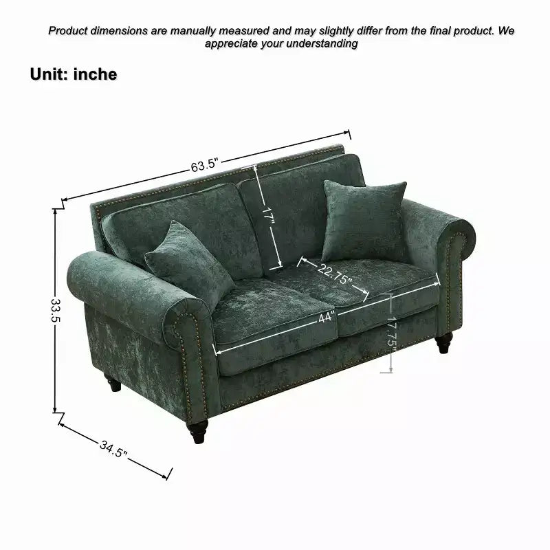 Canapé Chesterfield Classique 63 po avec Accoudoirs Ronds, Canapé 2 Places Profond avec Pieds en Bois pour Petit Salon ou Appartement-Panipeachy