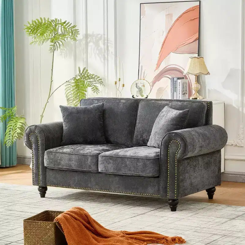 Canapé Chesterfield Classique 63 po avec Accoudoirs Ronds, Canapé 2 Places Profond avec Pieds en Bois pour Petit Salon ou Appartement-Panipeachy