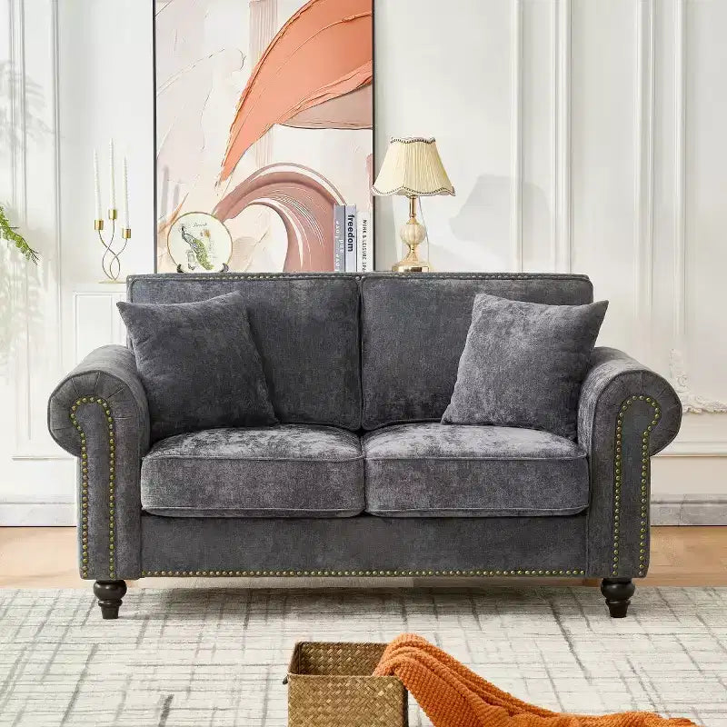 63 Classic Chesterfield Sofa with Rolled Arms, Deep Seat 2-Seater Couch with Wood Legs for Small Living Room or Apartment-Panipeachy