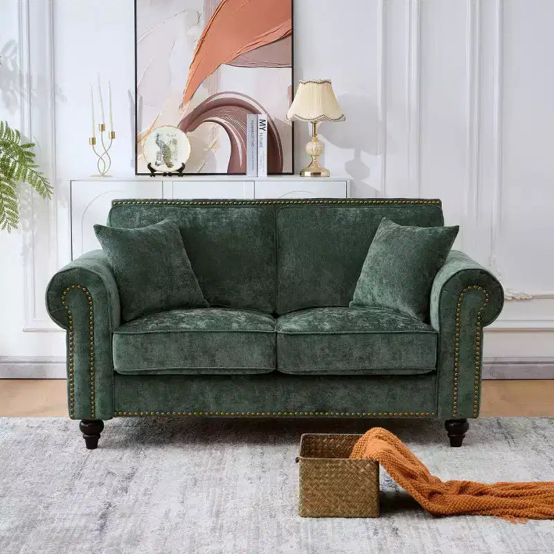 63 Classic Chesterfield Sofa with Rolled Arms, Deep Seat 2-Seater Couch with Wood Legs for Small Living Room or Apartment-Panipeachy