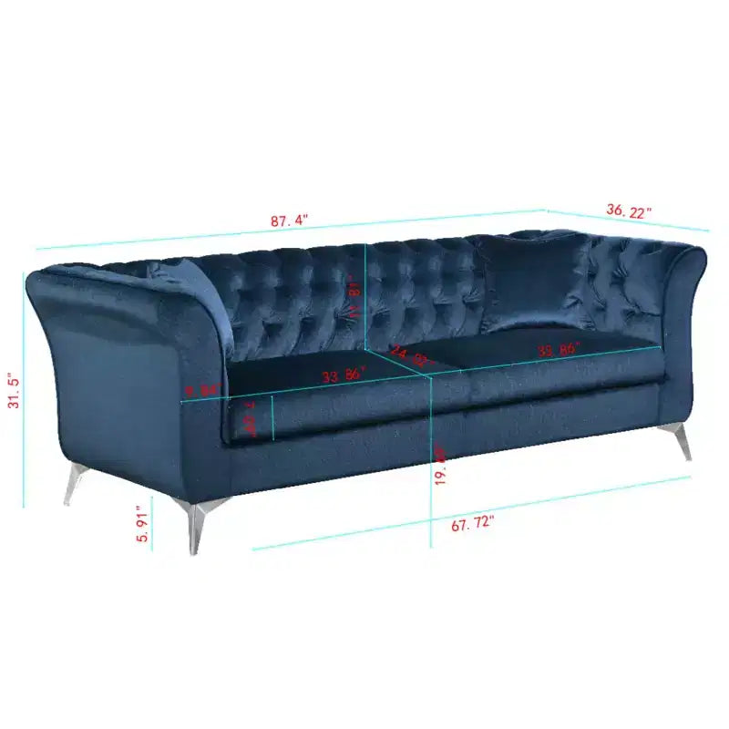 Modern 3-Seater Chesterfield Sofa with Scroll Arms and Chrome Legs, Velvet Accent Sofa for Living Room, Lounge or Apartment - Panipeachy