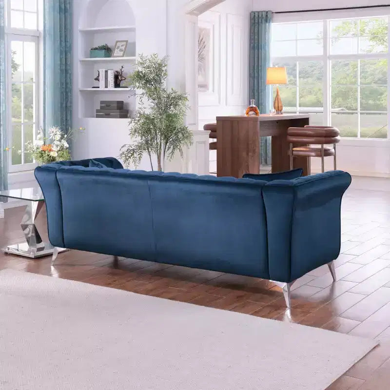 Modern 3-Seater Chesterfield Sofa with Scroll Arms and Chrome Legs, Velvet Accent Sofa for Living Room, Lounge or Apartment - Panipeachy