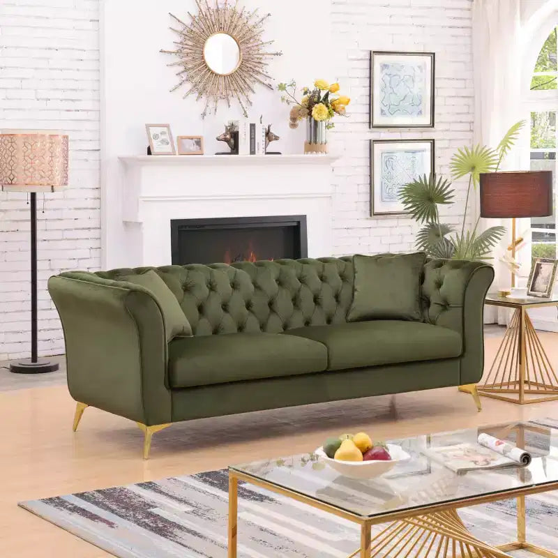 Modern 3-Seater Chesterfield Sofa with Scroll Arms and Chrome Legs, Velvet Accent Sofa for Living Room, Lounge or Apartment - Panipeachy