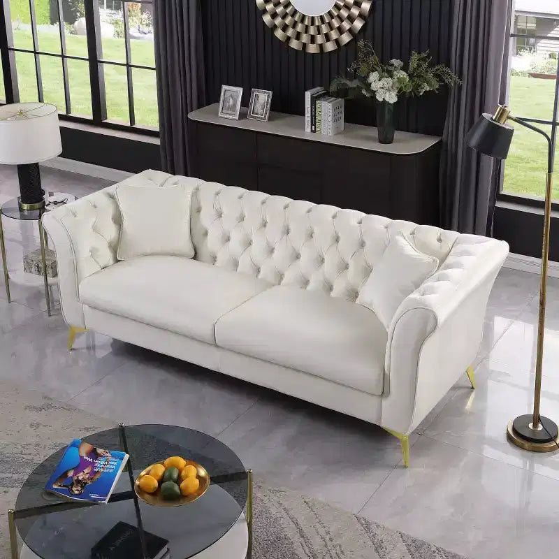 Modern 3-Seater Chesterfield Sofa with Scroll Arms and Chrome Legs, Velvet Accent Sofa for Living Room, Lounge or Apartment - Panipeachy