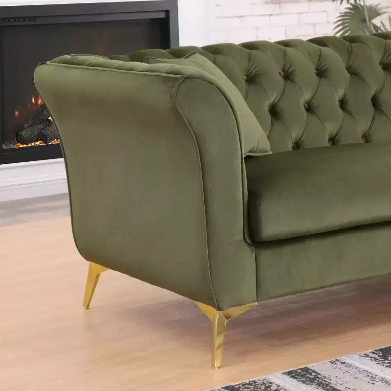 Modern 3-Seater Chesterfield Sofa with Scroll Arms and Chrome Legs, Velvet Accent Sofa for Living Room, Lounge or Apartment - Panipeachy