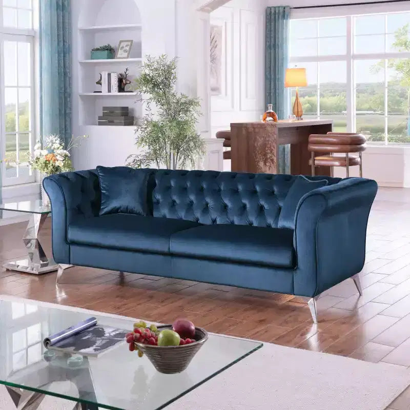 Modern 3-Seater Chesterfield Sofa with Scroll Arms and Chrome Legs, Velvet Accent Sofa for Living Room, Lounge or Apartment - Panipeachy
