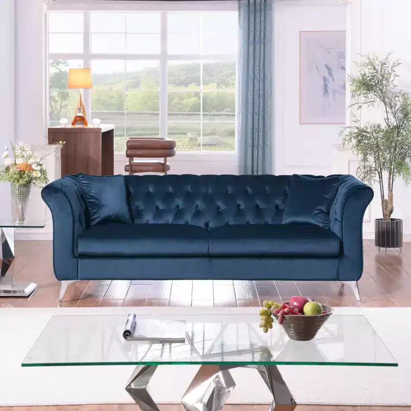 Modern 3-Seater Chesterfield Sofa with Scroll Arms and Chrome Legs, Velvet Accent Sofa for Living Room, Lounge or Apartment - Panipeachy