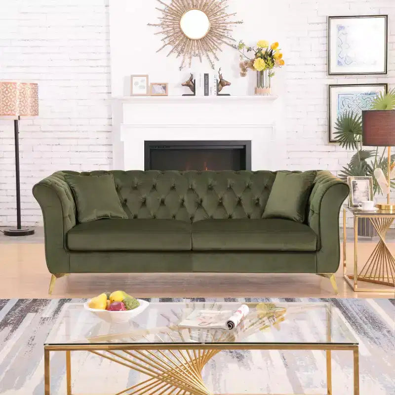 Modern 3-Seater Chesterfield Sofa with Scroll Arms and Chrome Legs, Velvet Accent Sofa for Living Room, Lounge or Apartment - Panipeachy