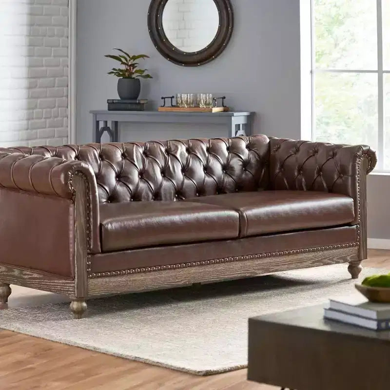Canapé Chesterfield classique 3 places avec dossier capitonné, garniture cloutée et pieds en bois, canapé d'appoint en cuir PU pour salon ou lounge - Panipeachy