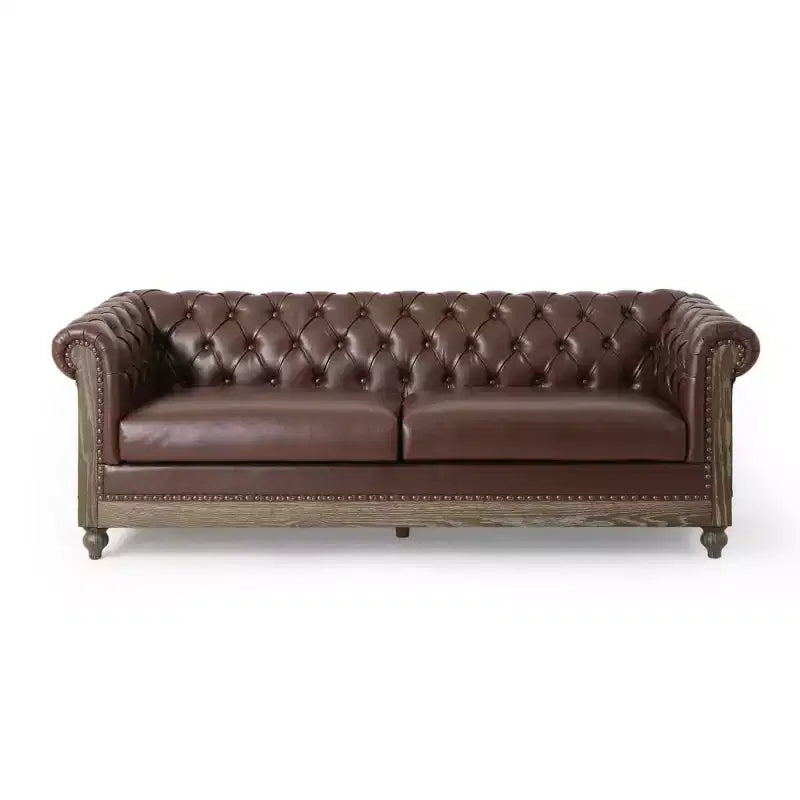 Classic 3-Seater Chesterfield Sofa with Tufted Back, Nailhead Trim and Wood Legs, PU Leather Accent Sofa Couch for Living Room or Lounge - Panipeachy