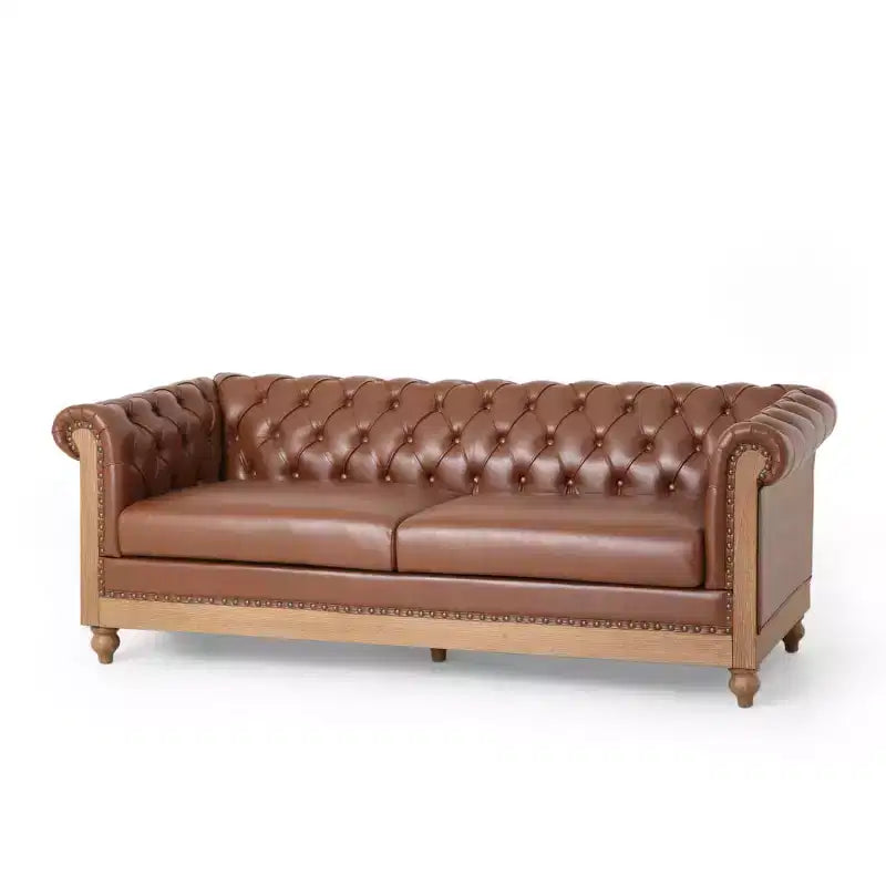 Classic 3-Seater Chesterfield Sofa with Tufted Back, Nailhead Trim and Wood Legs, PU Leather Accent Sofa Couch for Living Room or Lounge - Panipeachy