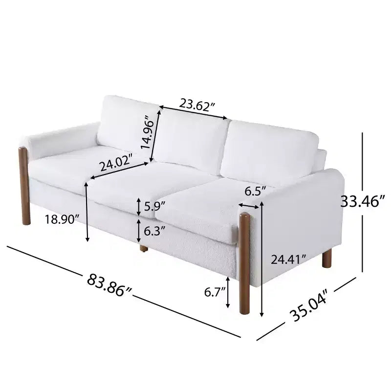 Canapé Moderne 83 places en Tissu Teddy avec Pieds en Bois Massif et Accoudoirs Courbés, pour Salon, Chambre à Coucher ou Appartement - Panipeachy