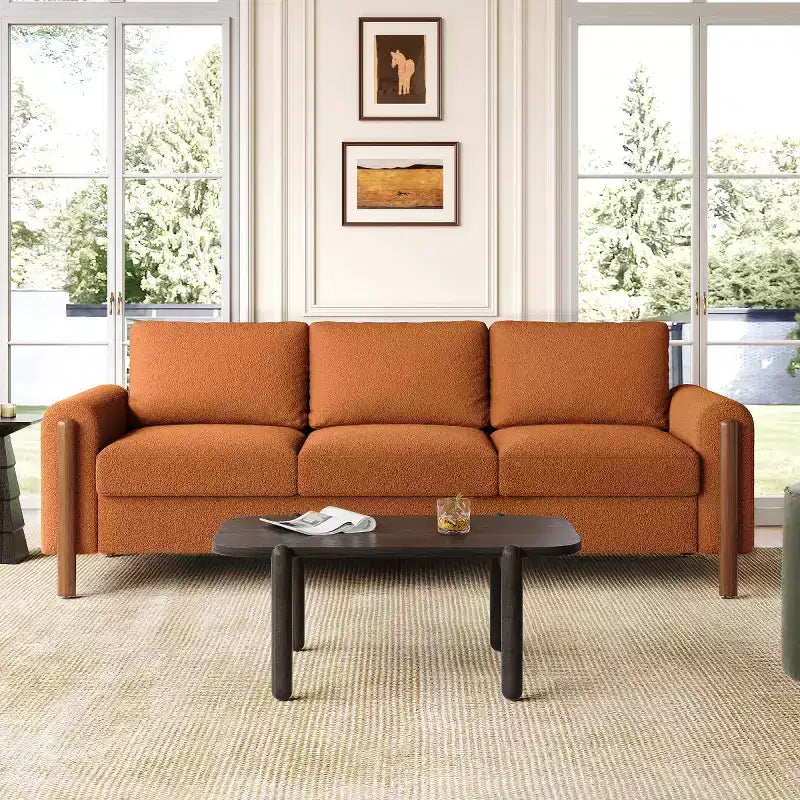 83 Modern Teddy Fabric Sofa with Solid Wood Legs and Curved Armrests, 3-Seater Sofa Couch for Living Room, Bedroom, or Apartment-Panipeachy