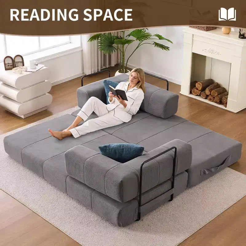 Canapé convertible 4 en 1, matelas de sol en velours côtelé avec 2 oreillers et accoudoirs métalliques, lit d'appoint en mousse haute densité, gris