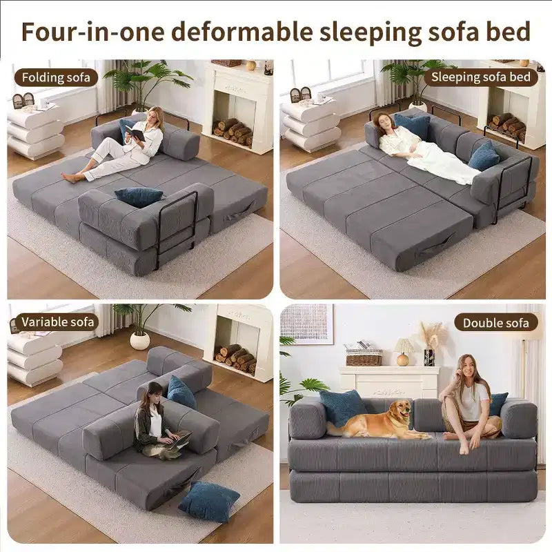 Canapé convertible 4 en 1, matelas de sol en velours côtelé avec 2 oreillers et accoudoirs métalliques, lit d'appoint en mousse haute densité, gris