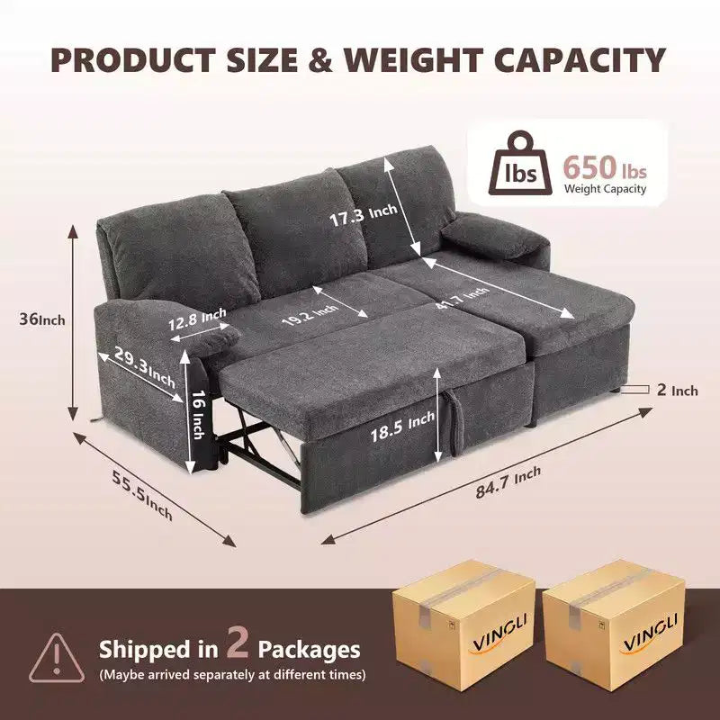Karl Home |Modern L-Shaped Upholstered Velvet Sleeper Sectional Sofa bed with Chaise and Queen Pull Out Bed