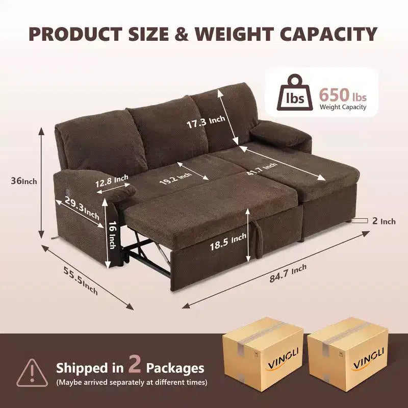 Karl Home |Modern L-Shaped Upholstered Velvet Sleeper Sectional Sofa bed with Chaise and Queen Pull Out Bed