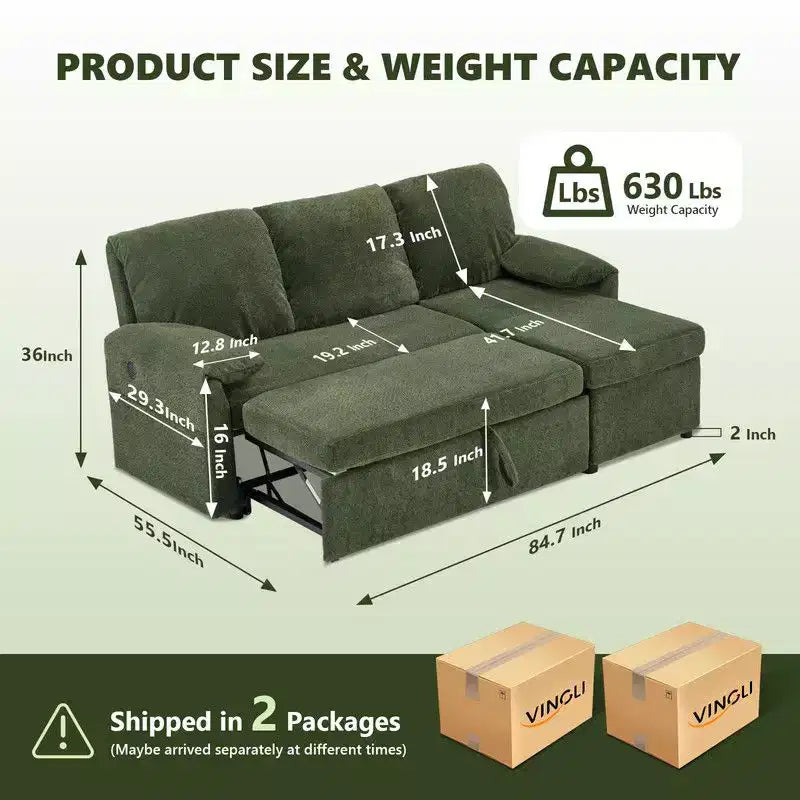 Karl Home |Modern L-Shaped Upholstered Velvet Sleeper Sectional Sofa bed with Chaise and Queen Pull Out Bed
