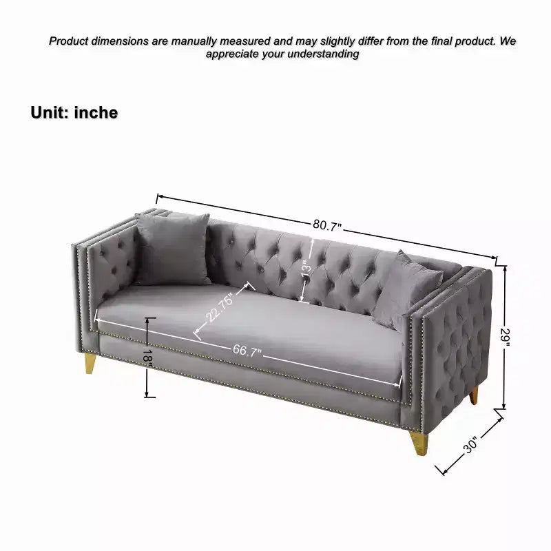 Canapé 80 en velours Chesterfield avec accoudoirs carrés, canapé profond avec structure en bois massif pour salon, chambre, bureau ou appartement - Panipeachy