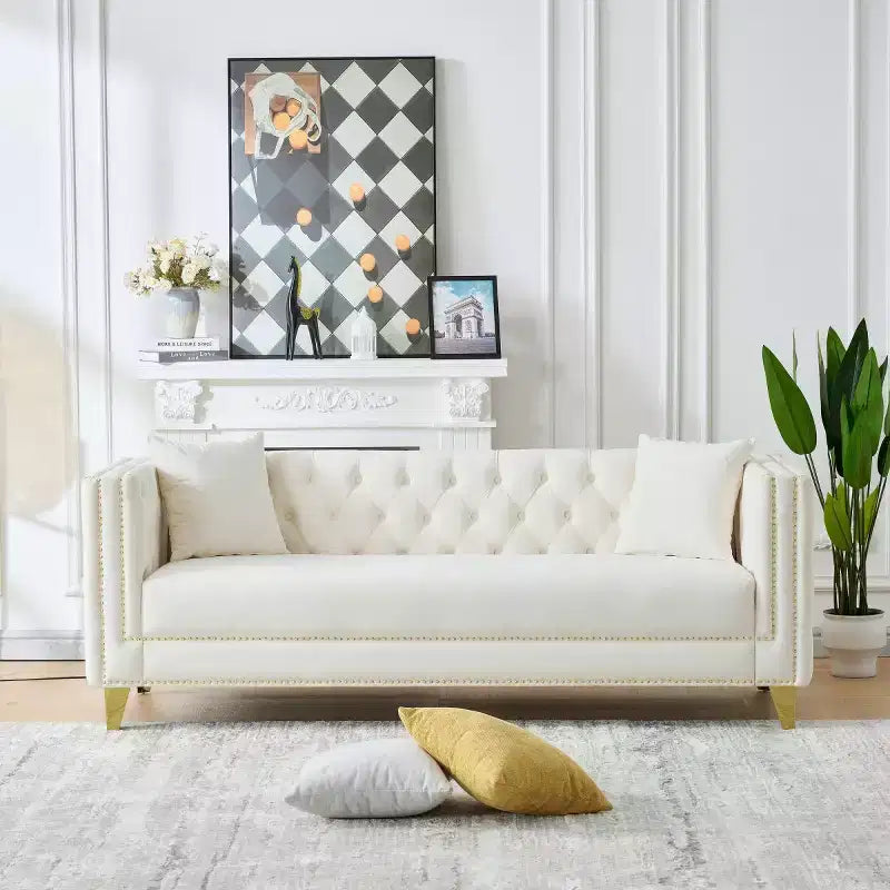 Canapé 80 en velours Chesterfield avec accoudoirs carrés, canapé profond avec structure en bois massif pour salon, chambre, bureau ou appartement - Panipeachy