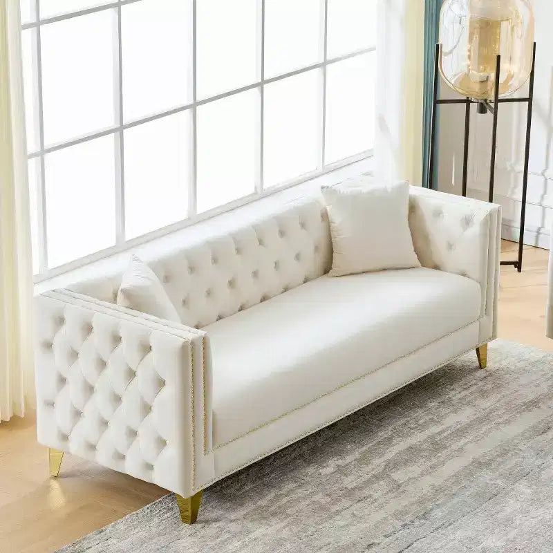 Canapé 80 en velours Chesterfield avec accoudoirs carrés, canapé profond avec structure en bois massif pour salon, chambre, bureau ou appartement - Panipeachy