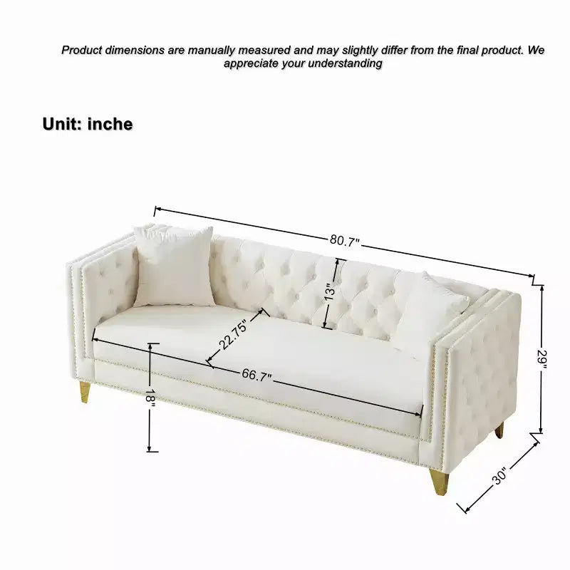 Canapé 80 en velours Chesterfield avec accoudoirs carrés, canapé profond avec structure en bois massif pour salon, chambre, bureau ou appartement - Panipeachy