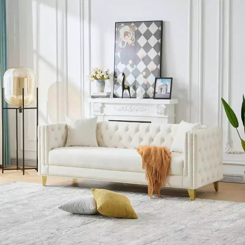 80 Chesterfield Velvet Sofa with Square Arms, Deep Seat Couch with Solid Wood Frame for Living Room, Bedroom, Office, or Apartment-Panipeachy