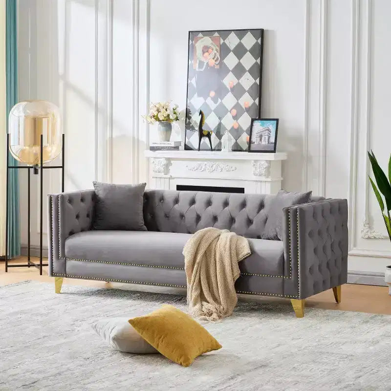 80 Chesterfield Velvet Sofa with Square Arms, Deep Seat Couch with Solid Wood Frame for Living Room, Bedroom, Office, or Apartment-Panipeachy