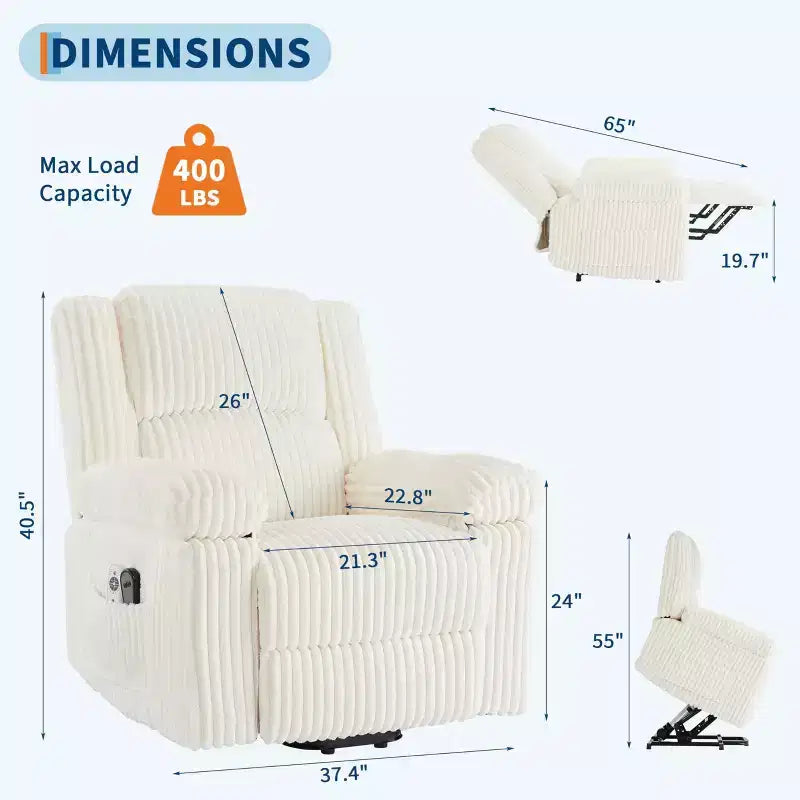 Power Lift Recliner Chair - Heat & Massage Function, Electric Stand-Up Recliner with Adjustable Positions, Soft Polyester Fabric & Full Sponge Padding