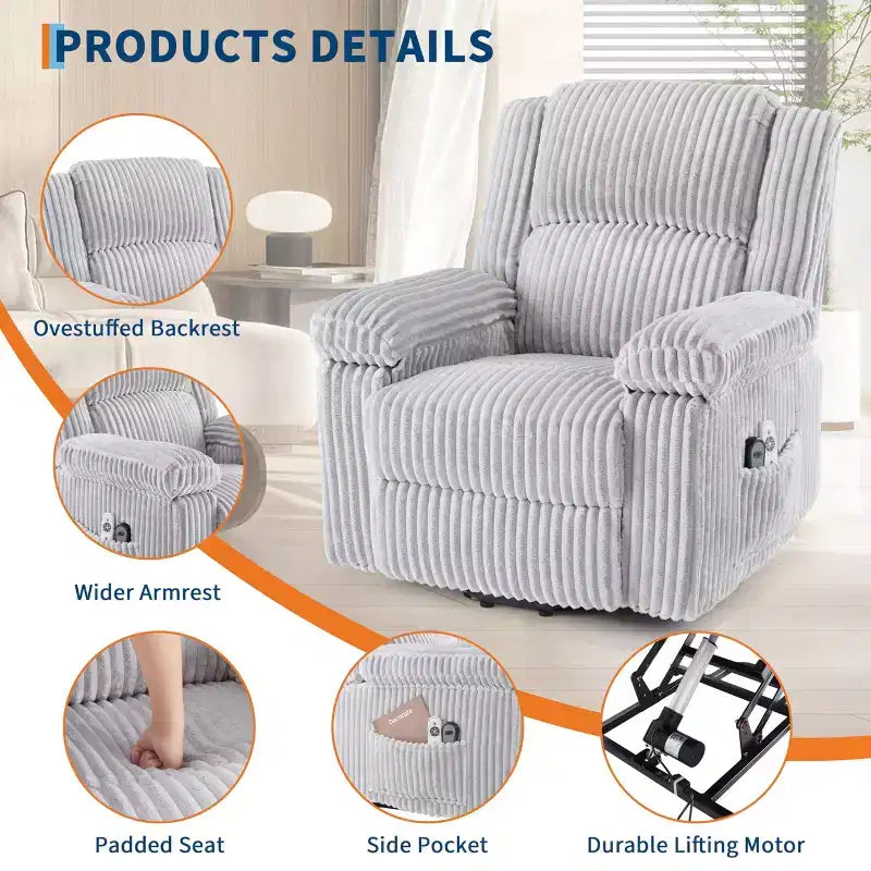 Power Lift Recliner Chair - Heat & Massage Function, Electric Stand-Up Recliner with Adjustable Positions, Soft Polyester Fabric & Full Sponge Padding