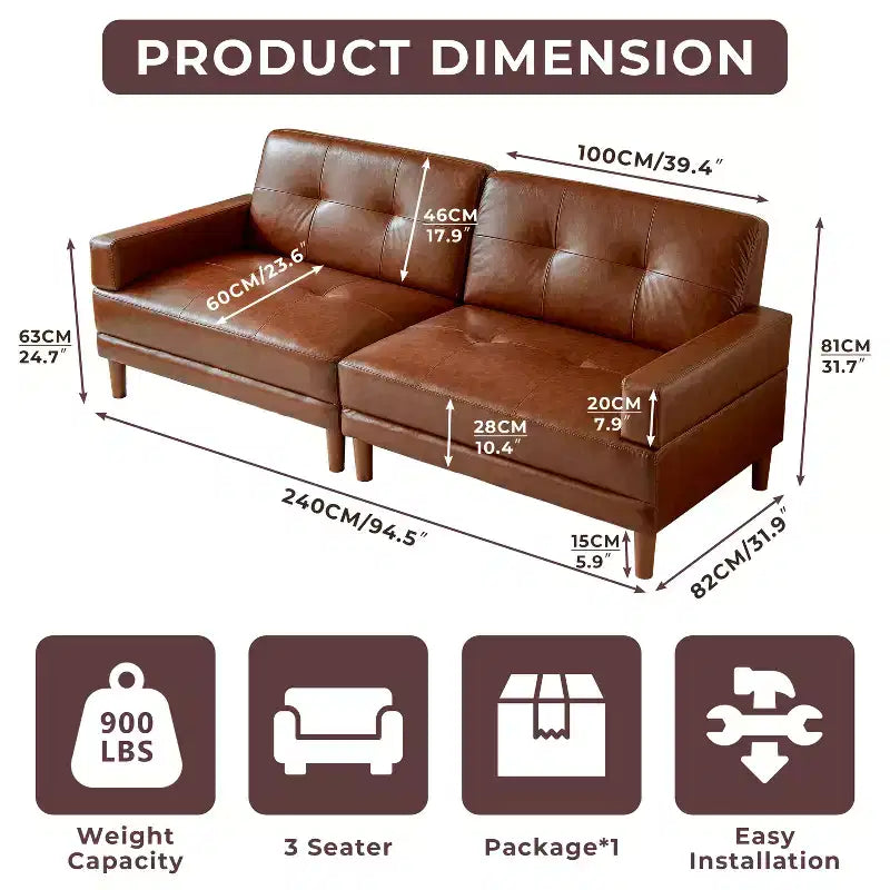 ATJafurn Mid-Century Modern 94''W High-End Vintage Sofa, 3-Seat Brown Oil Wax Leather Couch With Wooden For Living Room And Study