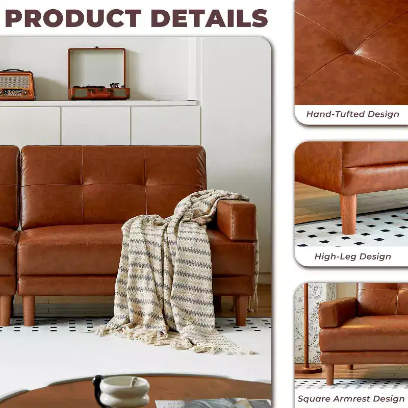 Canapé vintage haut de gamme ATJafurn Mid-Century Modern de 239 cm de large, 3 places, en cuir ciré à l'huile marron, avec bois pour salon et bureau