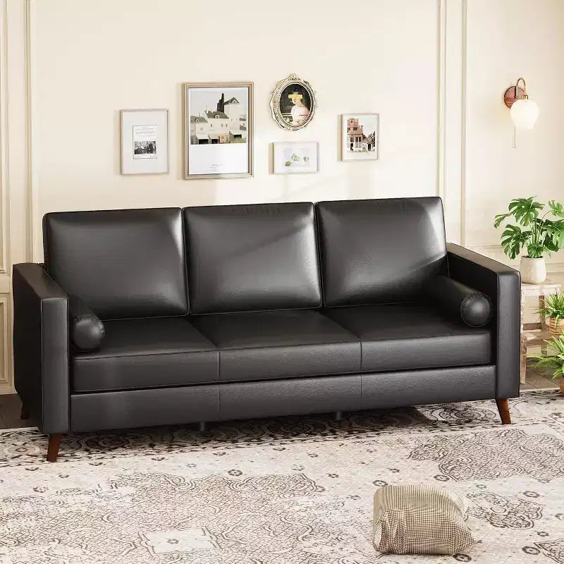 Canapé en cuir 86, canapé moderne du milieu du siècle, canapé en similicuir avec sièges profonds, canapé 3 places pour salon, bureau, noir