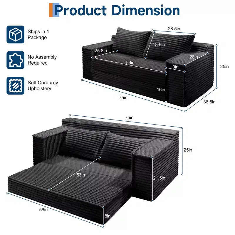 75 Convertible Sofa Bed, Boneless Couch Bed with 2 Pillows, Folding Pull Out Couch, Loveseat Sleeper Sofa for Living Room, No Assembly