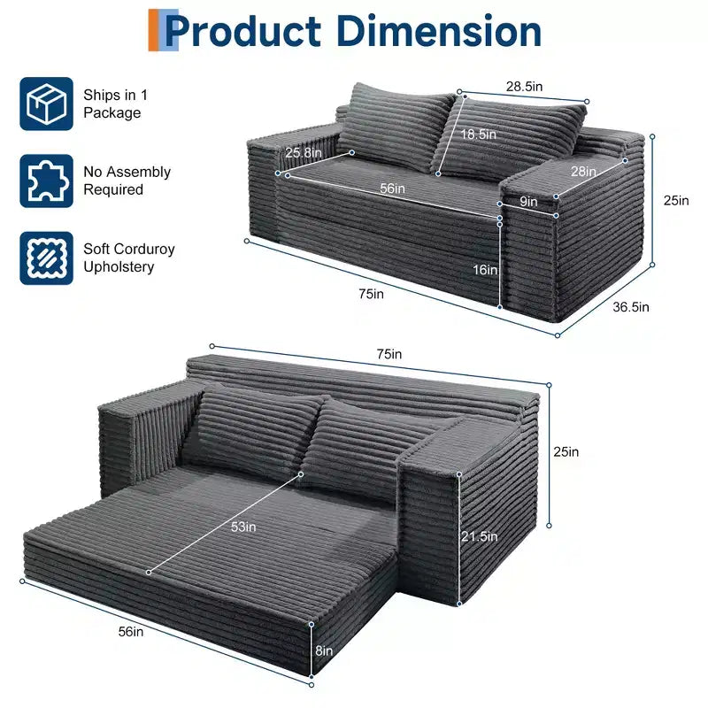 75 Convertible Sofa Bed, Boneless Couch Bed with 2 Pillows, Folding Pull Out Couch, Loveseat Sleeper Sofa for Living Room, No Assembly