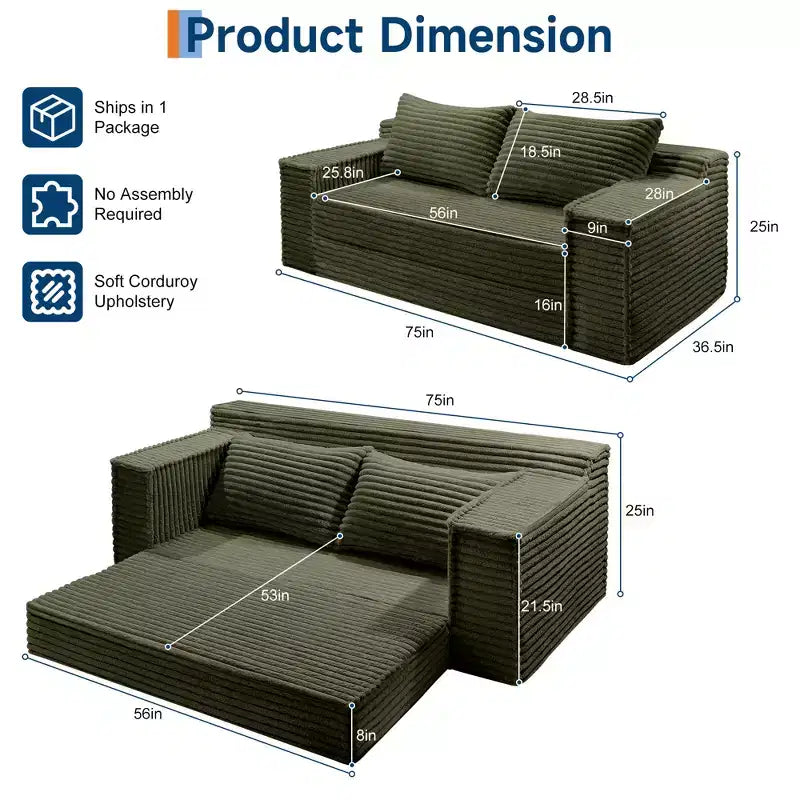 75 Convertible Sofa Bed, Boneless Couch Bed with 2 Pillows, Folding Pull Out Couch, Loveseat Sleeper Sofa for Living Room, No Assembly