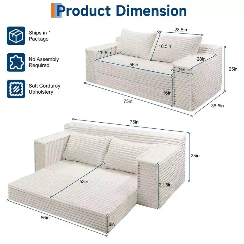75 Convertible Sofa Bed, Boneless Couch Bed with 2 Pillows, Folding Pull Out Couch, Loveseat Sleeper Sofa for Living Room, No Assembly