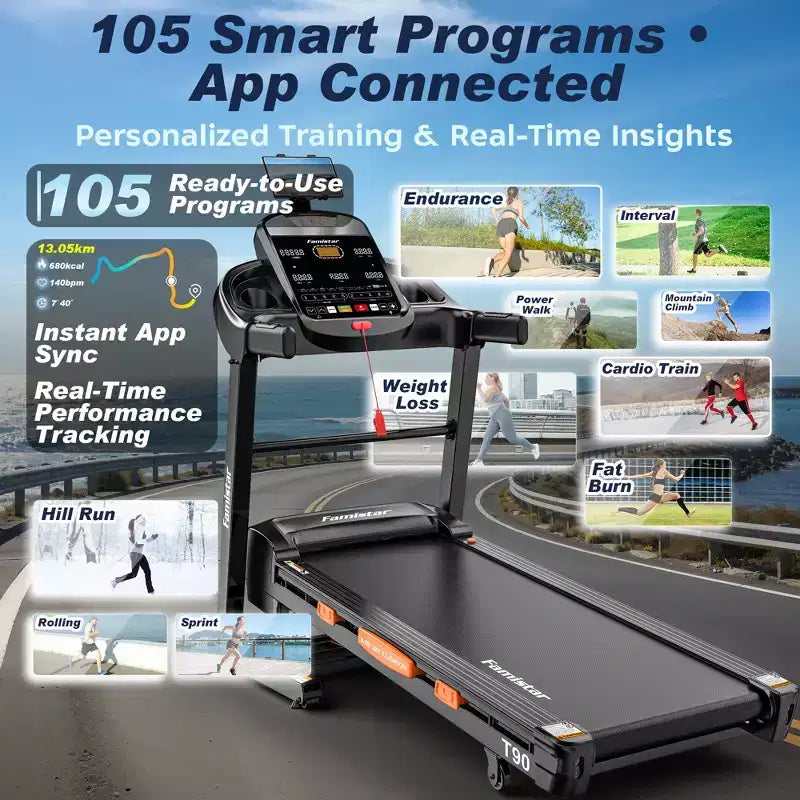 5HP Folding Treadmill 300-400lb Capacity with 20% Auto Incline, 12MPH Fast Speed, 96+5+3+1 Smart Program, APP Control, Walking Running Home Treadmill