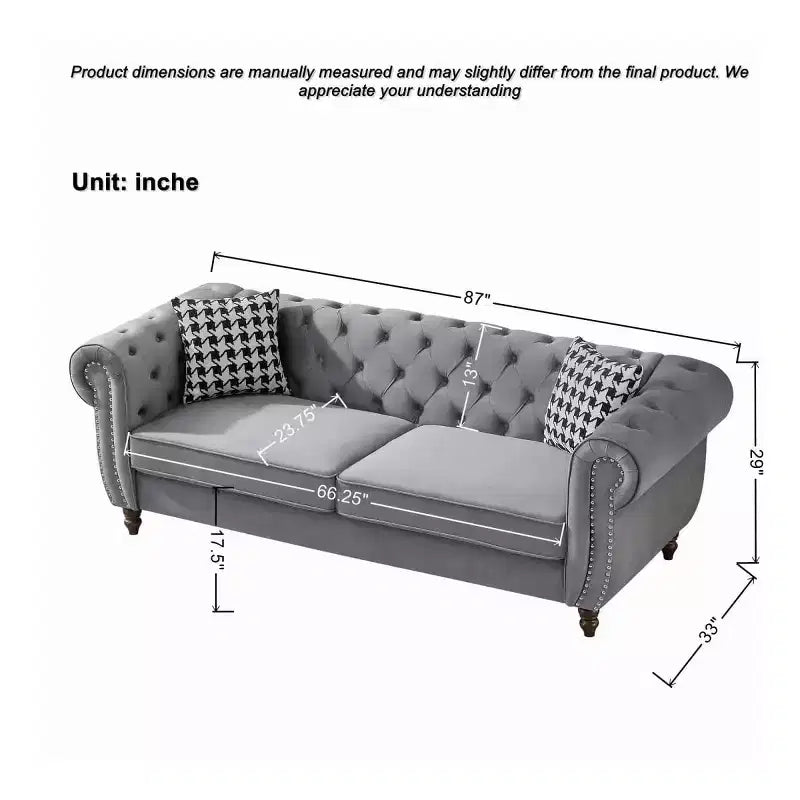 Canapé Chesterfield 3 places de style Mid-Century avec garniture cloutée, accoudoirs roulés et cadre en bois, canapé en velours pour salon, lounge - Panipeachy